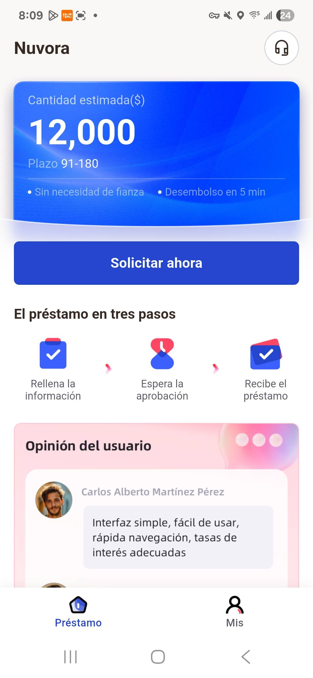 Pantalla de inicio de Nuvora - Préstamo personal